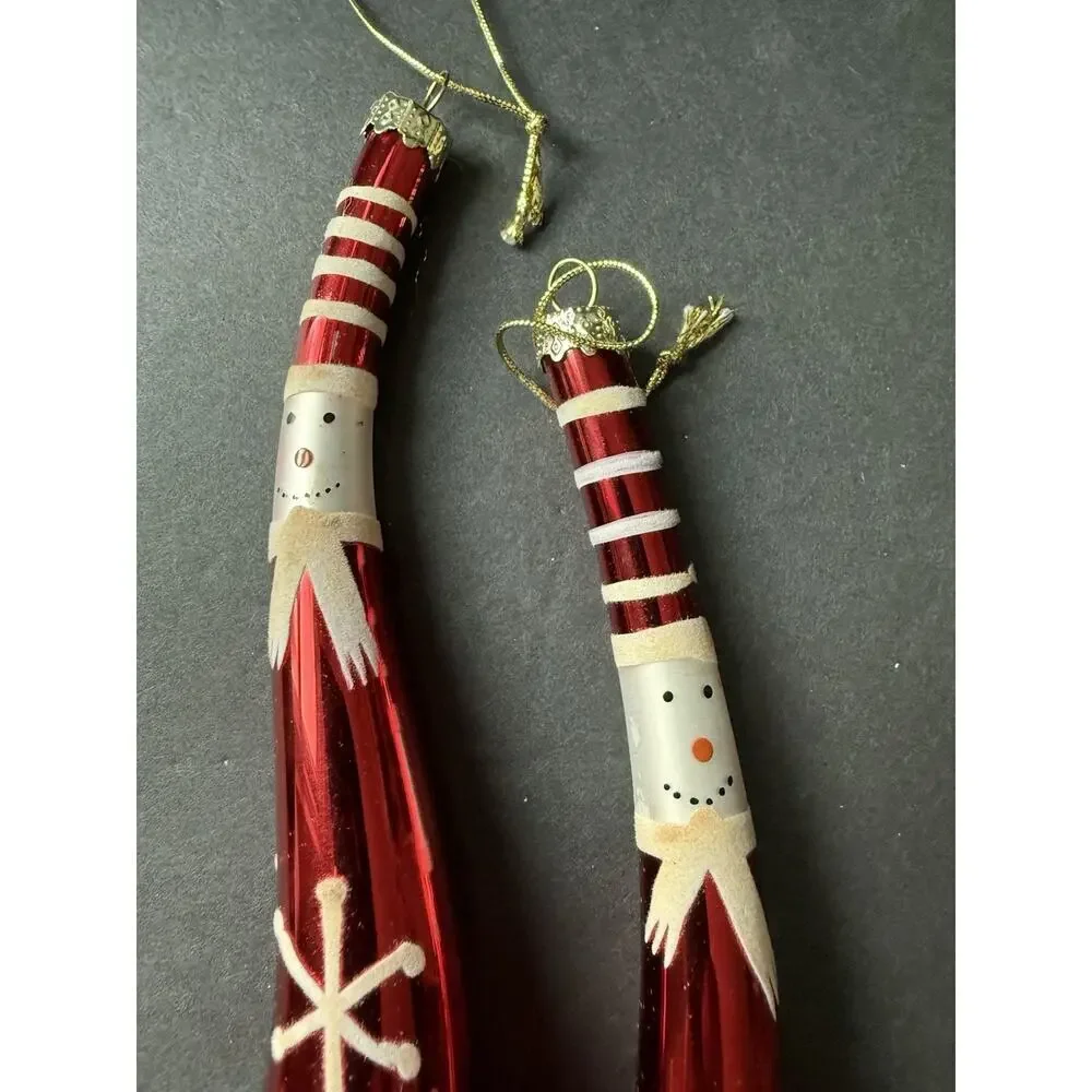 Vtg Hand Blown Glass Snowman Santa Icicle Ornament Red Set (2) Whimsy Holiday